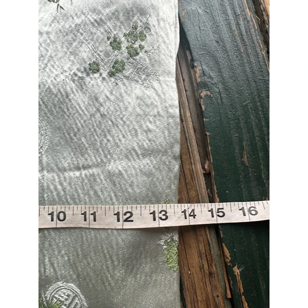 Vintage Chinese Silk Brocade Table Runner Sage Green Floral Bamboo Tassels 29x14